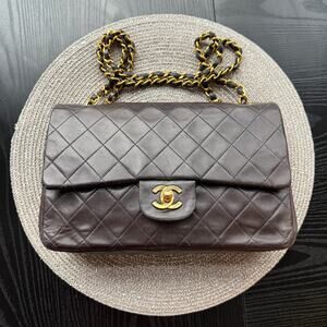 Vintage Chanel Medium Dark Brown Lambskin 24k Gold Plated Double Flap Bag